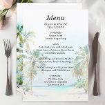 Tropical Beach Destination Wedding Menu<br><div class="desc">This elegant and beautiful watercolor wedding menu features a beach,  blue sky and palm trees. The text combines handwritten script and sans serif fonts for a stylish and modern look. This is perfect for a summer beach or tropical destination wedding.</div>