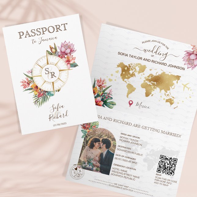 Tropical Beach Destination Wedding Passport QR Cod Invitation (Creator Uploaded)