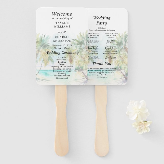 Tropical Beach Destination Wedding Program Hand Fan (Front and Back)
