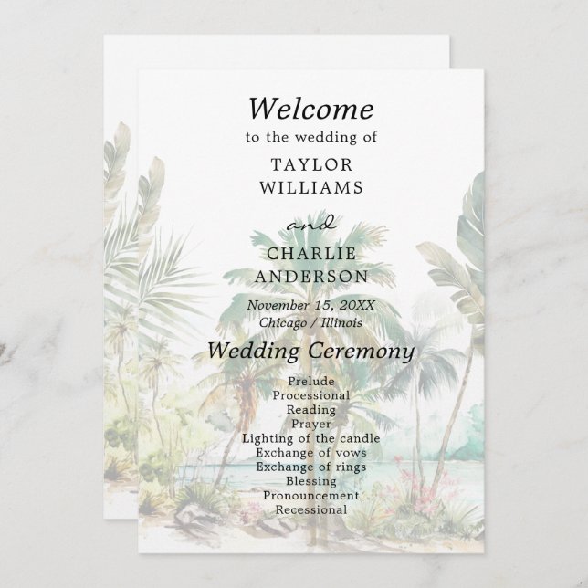 Tropical Beach Destination Wedding Program Programme (Front/Back)