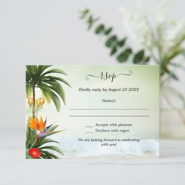 Tropical Beach Destination Wedding RSVP Card (Standing Front)
