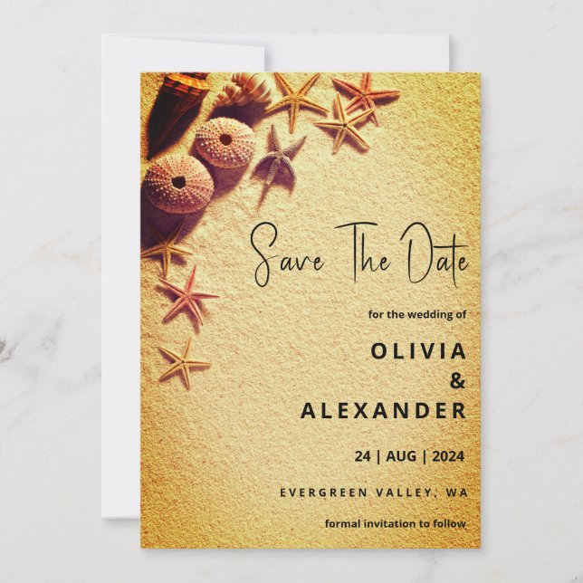 tropical beach destination wedding save the date invitation (Front)