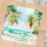Tropical Beach Destination Wedding Thank You Square Sticker<br><div class="desc">This elegant and beautiful watercolor wedding thank you sticker features a beach,  blue sky and palm trees. The text combines handwritten script and sans serif fonts for a stylish and modern look. This is perfect for a summer beach or tropical destination wedding.</div>