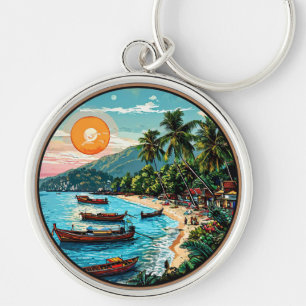 Tropical Beach Featuring Boats, Palm Trees Key Ring