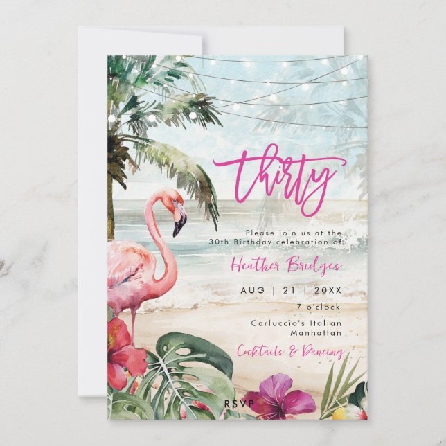 tropical beach flamingo 30th birthday party invitation (Front)