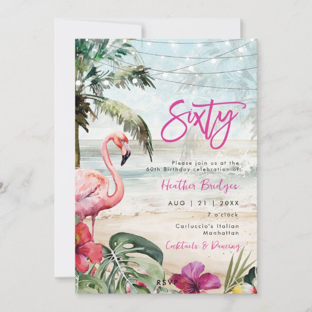 tropical beach flamingo 60th birthday party invitation (Front)