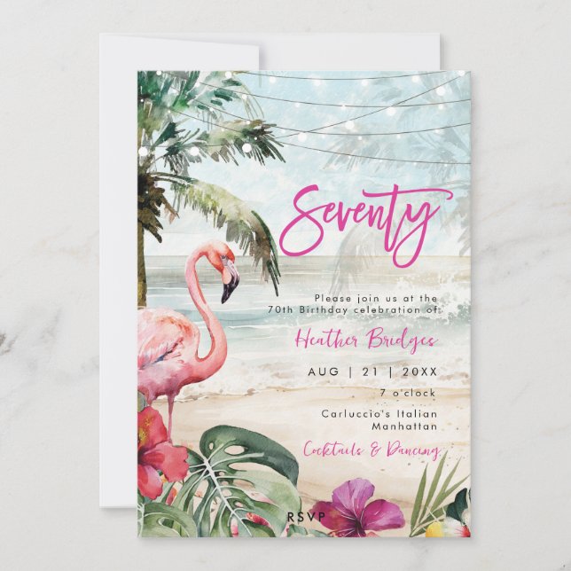 tropical beach flamingo 70th birthday party invitation (Front)