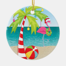 Tropical Beach Flamingo Palm  Christmas Ornament