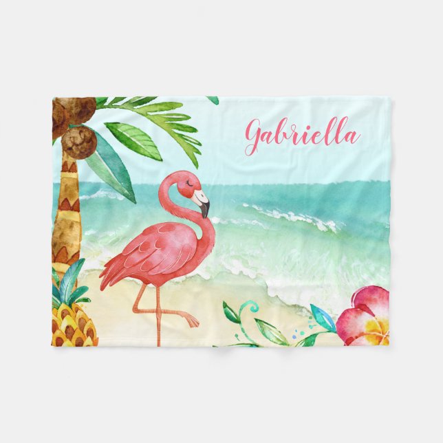 Tropical Beach Flamingo Personalised Fleece Blanket (Front (Horizontal))