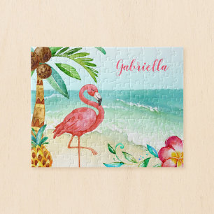 Tropical Beach Flamingo Personalised Kids Jigsaw Puzzle