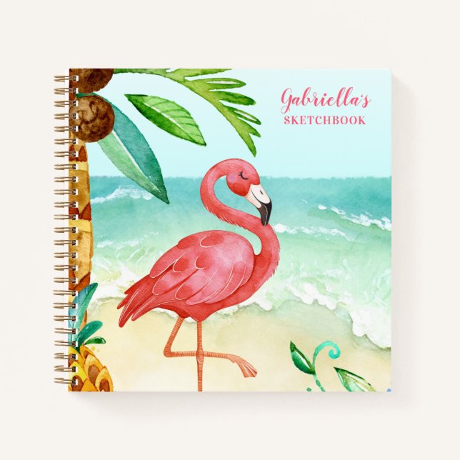 Tropical Beach Flamingo Personalised Sketchbook Notebook (Front)