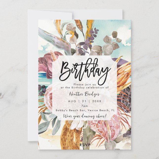 Tropical beach floral birthday party invitation (Front)