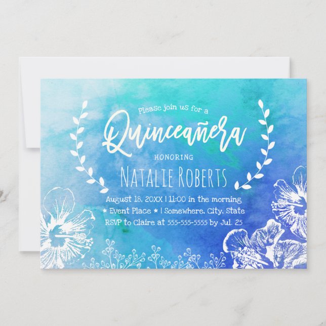 Tropical Beach Floral Blue Watercolor Quinceanera Invitation (Front)