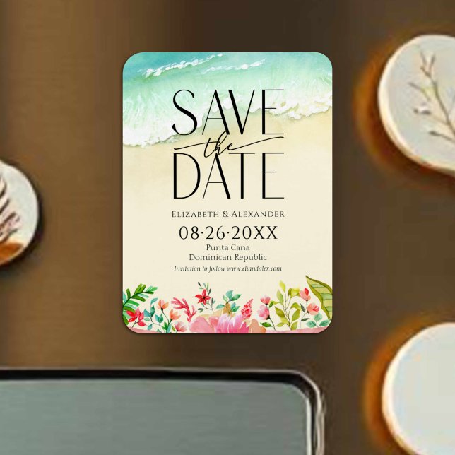 Tropical Beach Floral Calligraphy Save the Date Magnet (Creator Uploaded)