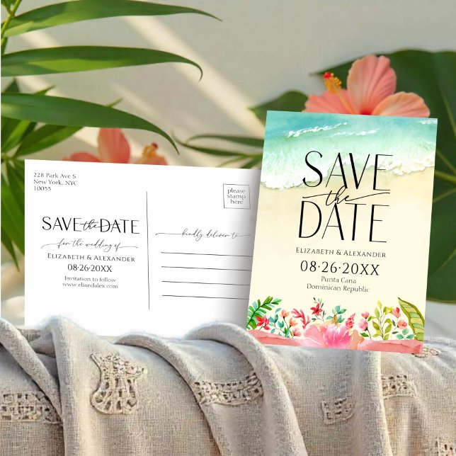 Tropical Beach Floral Calligraphy Save the Date Postcard (Creator Uploaded)