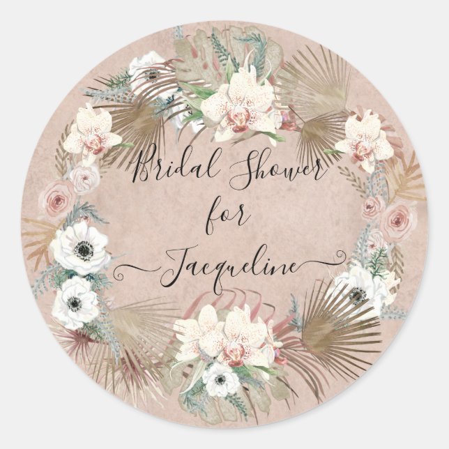 Tropical Beach Floral Greenery Foliage Bridal Classic Round Sticker (Front)