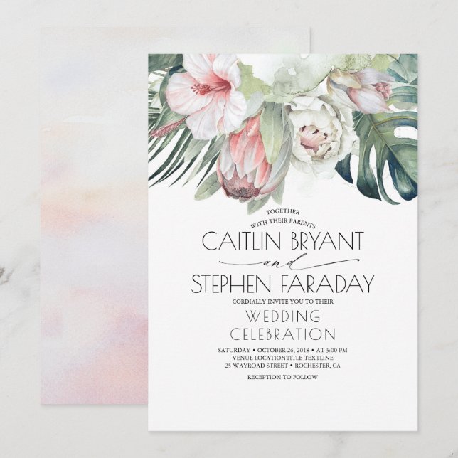 Tropical Beach Floral Greenery Foliage Wedding Invitation (Front/Back)