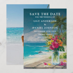 Tropical Beach Floral Mason Jar Photo Wedding Save The Date