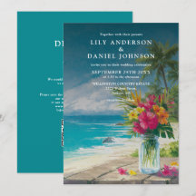 Tropical Beach Floral Mason Jar QR Code Wedding