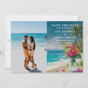 Tropical Beach Floral Mason Jar Wedding Photo Save The Date