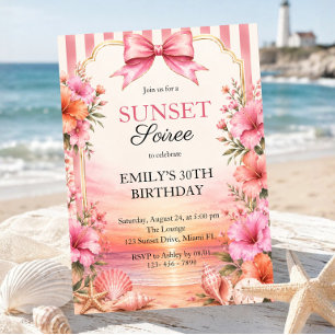 Tropical Beach Floral Sunset Soiree Birthday Invitation