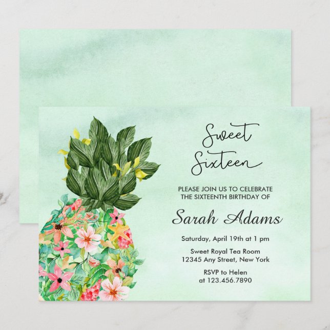Tropical Beach Floral Watercolor Sweet 16 Invitation (Front/Back)