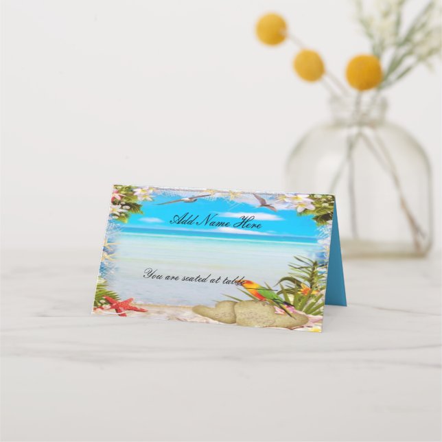 Tropical Beach Floral Wedding Folded Table Place Card (Front)
