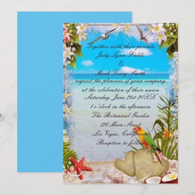 Tropical Beach Floral Wedding Invitation (Front/Back)