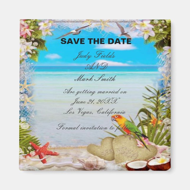 Tropical Beach Floral Wedding Save The Date Magnet (Front)
