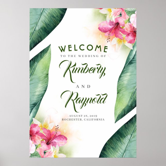 Tropical Beach Flowers and Palm Leaf Welcome Sign (Front)