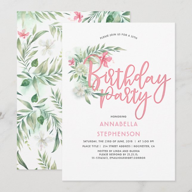 Tropical Beach Flowers Birthday Party Invitation (Front/Back)