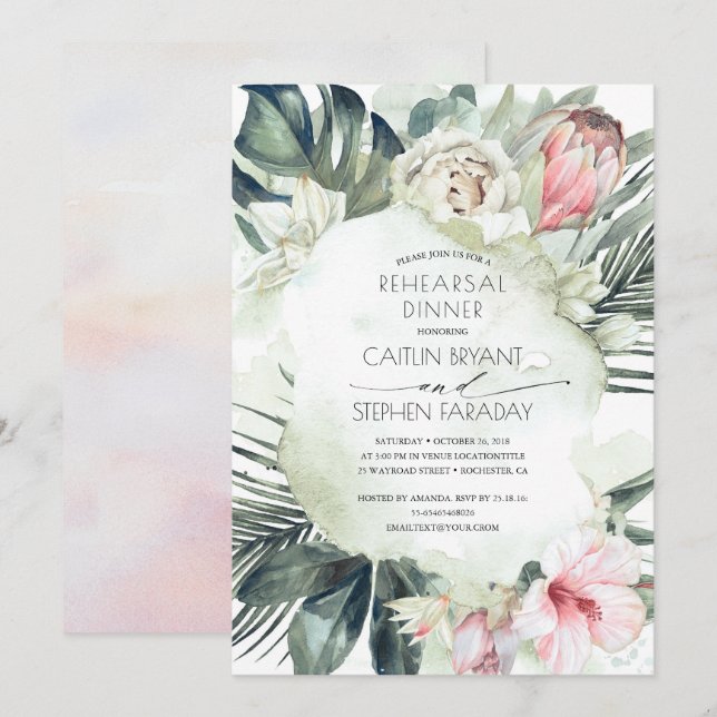 Tropical Beach Flowers Rehearsal Dinner Invitation (Front/Back)