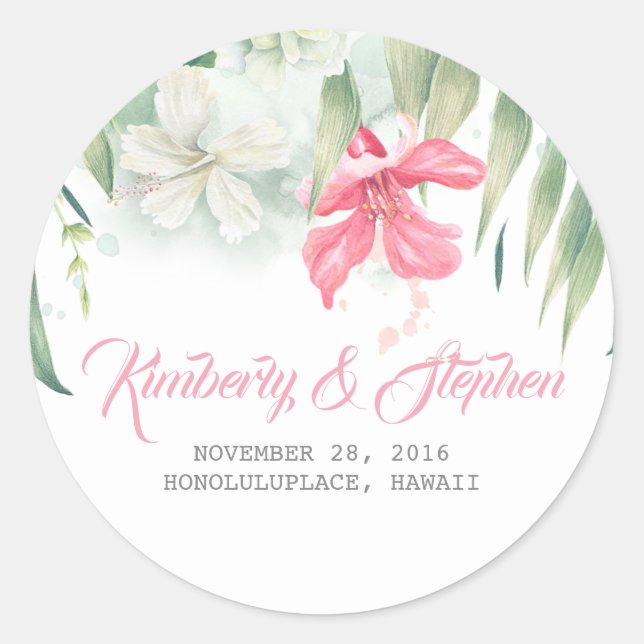 Tropical Beach Flowers Wedding Classic Round Sticker (Front)