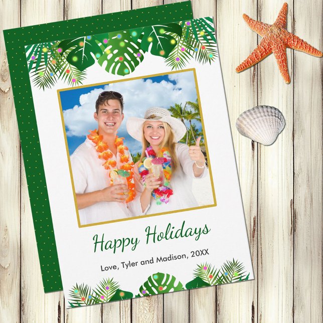Tropical Beach Foliage Christmas Lights Gold Photo Holiday Card (Creator Uploaded)