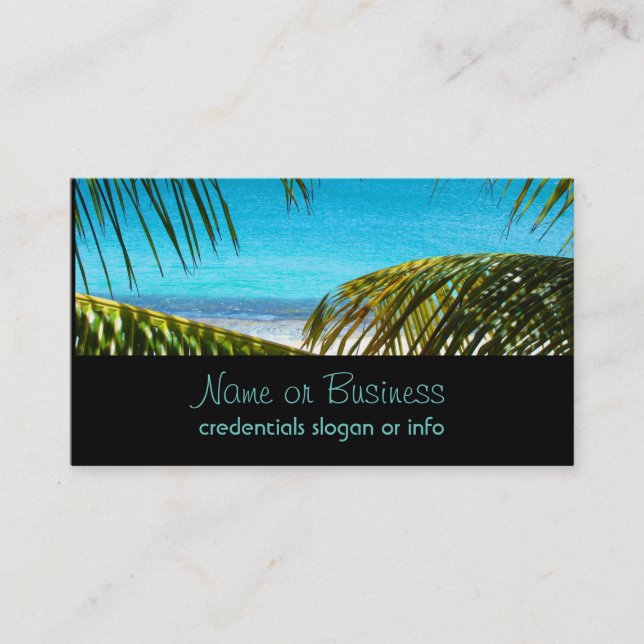 Tropical Beach framed with Palm Fronds Business Card (Front)