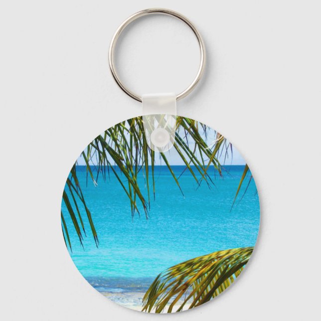 Tropical Beach framed with Palm Fronds Key Ring (Front)
