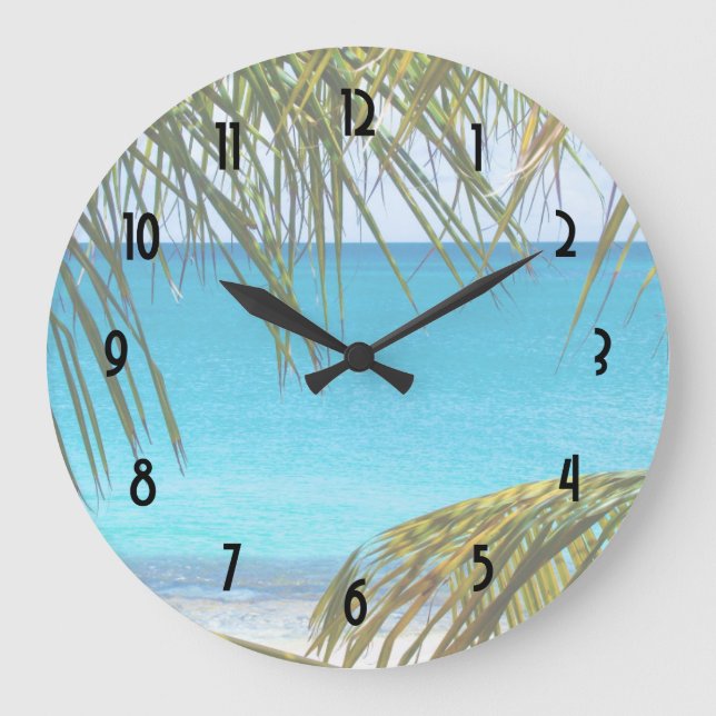 Tropical Beach framed with Palm Fronds Large Clock (Front)