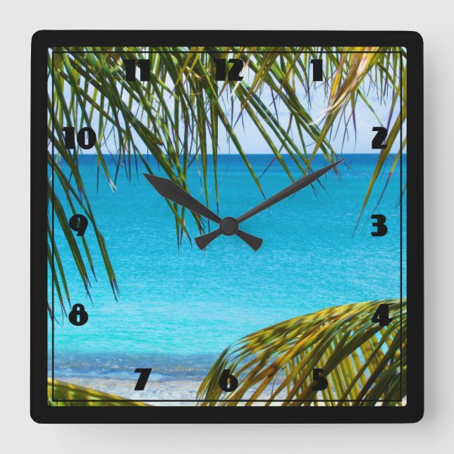 Tropical Beach framed with Palm Fronds Square Wall Clock (Front)