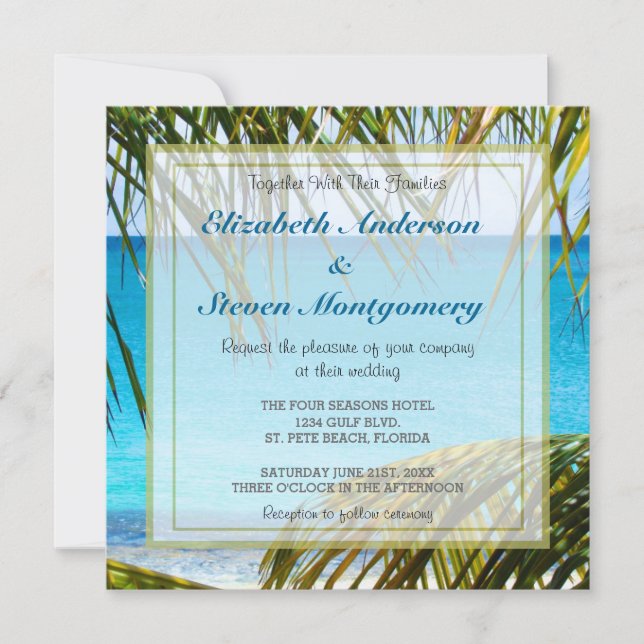 Tropical Beach framed with Palm Fronds Wedding Invitation (Front)
