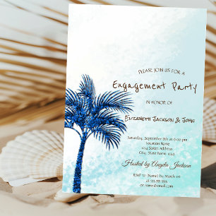Tropical Beach,Glitter Blue Palms Engagement  Invitation