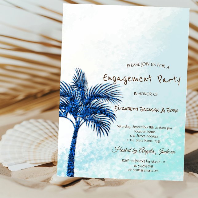 Tropical Beach,Glitter Blue Palms Engagement  Invitation (Creator Uploaded)