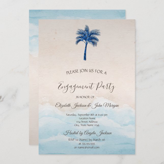Tropical Beach Glitter Palm Engagement   Invitation (Front/Back)