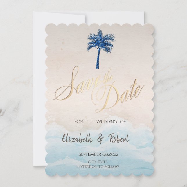 Tropical Beach Glitter Palm  Save The Date (Front)