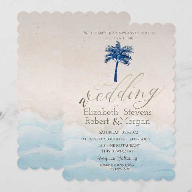 Tropical Beach Glitter Palm Wedding Invitation (Front/Back)