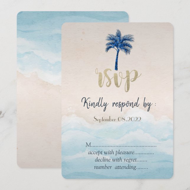 Tropical Beach Glitter Palm Wedding RSVP  Invitation (Front/Back)