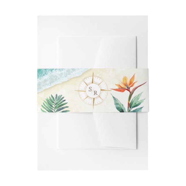 Tropical Beach Gold Compass Monogram Passport Invitation Belly Band (Front Example)