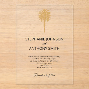Tropical Beach Gold Palm Tree Destination Wedding Acrylic Invitations
