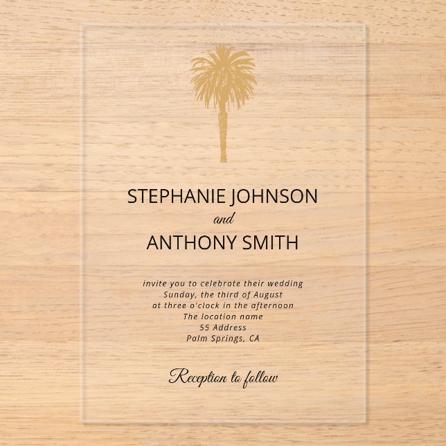 Tropical Beach Gold Palm Tree Destination Wedding  Acrylic Invitations (Front)