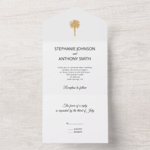 Tropical Beach Gold Palm Tree Destination Wedding All In One Invitation