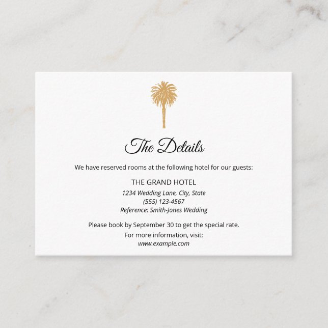 Tropical Beach Gold Palm Tree Destination Wedding  Enclosure Card (Front)